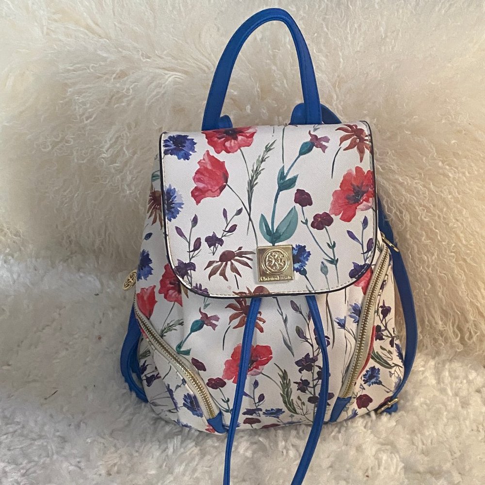 CXL Christian Lacroix White & Blue Lucie Floral Backpack Faux Leather Spring